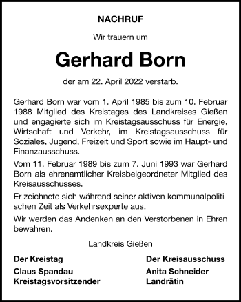 Traueranzeige von Gerhard Born von Giessener Anzeiger, Giessener Allgemeine, Alsfelder Allgemeine
