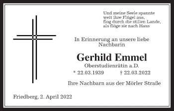 Traueranzeige von Gerhild Emmel von Wetterauer Zeitung