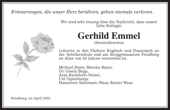 Traueranzeige von Gerhild Emmel von Wetterauer Zeitung