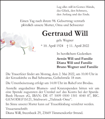 Traueranzeige von Gertraud Will von Wetterauer Zeitung