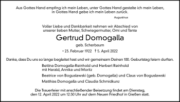 Traueranzeige von Gertrud Domogalla von Giessener Allgemeine, Alsfelder Allgemeine