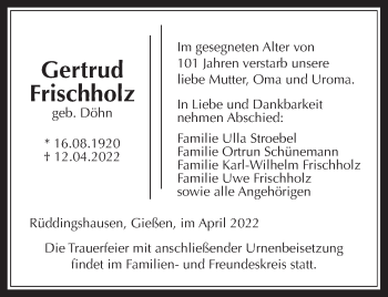 Traueranzeige von Gertrud Frischholz von Giessener Anzeiger, Giessener Allgemeine, Alsfelder Allgemeine