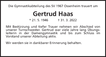 Traueranzeige von Gertrud Haas von Wetterauer Zeitung