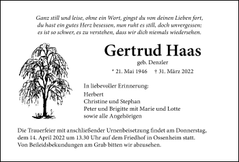 Traueranzeige von Gertrud Haas von Wetterauer Zeitung