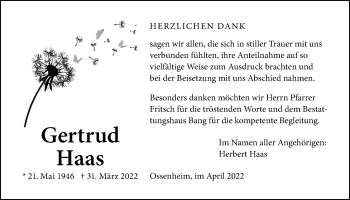 Traueranzeige von Gertrud Haas von Wetterauer Zeitung