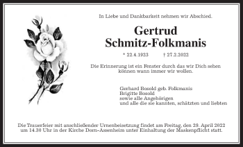 Traueranzeige von Gertrud Schmitz-Folkmanis von Wetterauer Zeitung