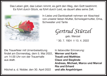 Traueranzeige von Gertrud Stürzel von Kreis-Anzeiger