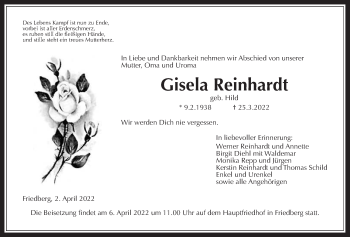 Traueranzeige von Gisela Reinhardt von Wetterauer Zeitung