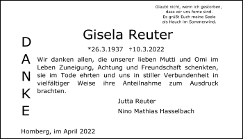 Traueranzeige von Gisela Reuter von Alsfelder Allgemeine