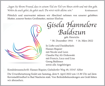 Traueranzeige von Gisela Hannelore Baldszun von Wetterauer Zeitung