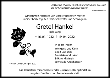 Traueranzeige von Gretel Hankel von Giessener Allgemeine, Alsfelder Allgemeine