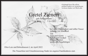 Traueranzeige von Gretel Zienert von Kreis-Anzeiger