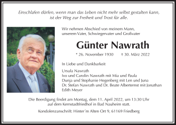 Traueranzeige von Günter Nawrath von Wetterauer Zeitung