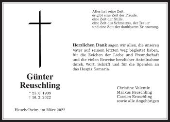 Traueranzeige von Günter Reuschling von Giessener Allgemeine, Alsfelder Allgemeine, Giessener Anzeiger