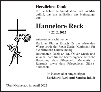Traueranzeige von Hannelore Reck von Kreis-Anzeiger