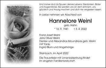 Traueranzeige von Hannelore Weinl von Giessener Allgemeine, Alsfelder Allgemeine