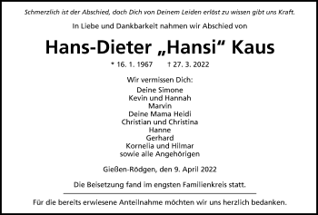 Traueranzeige von Hans-Dieter Kaus von Giessener Allgemeine, Alsfelder Allgemeine