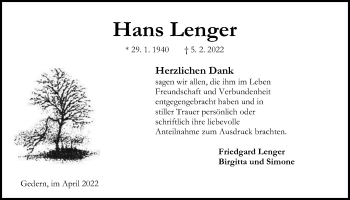 Traueranzeige von Hans Lenger von Kreis-Anzeiger