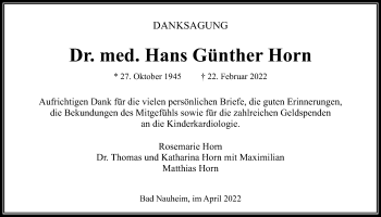 Traueranzeige von Hans Günther Horn von Wetterauer Zeitung