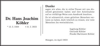 Traueranzeige von Hans Joachim Köhler von Giessener Allgemeine, Alsfelder Allgemeine, Giessener Anzeiger