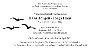 Traueranzeige von Hans Jörgen Haas von Giessener Allgemeine, Alsfelder Allgemeine, Giessener Anzeiger