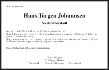 Traueranzeige von Hans Jürgen Johannsen von Wetterauer Zeitung