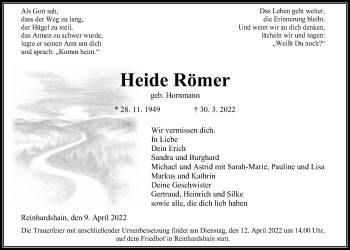 Traueranzeige von Heide Römer von Giessener Allgemeine, Alsfelder Allgemeine