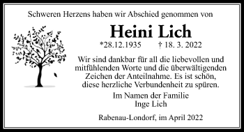 Traueranzeige von Heini Lich von Rabenauer Zeitung