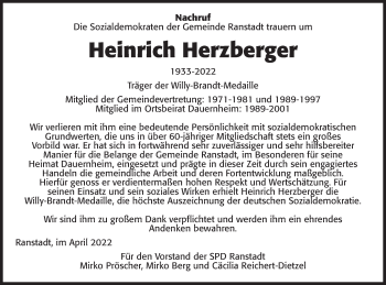 Traueranzeige von Heinrich Herzberger von Kreis-Anzeiger