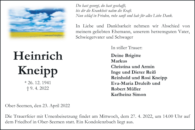  Traueranzeige für Heinrich Kneipp vom 23.04.2022 aus Kreis-Anzeiger