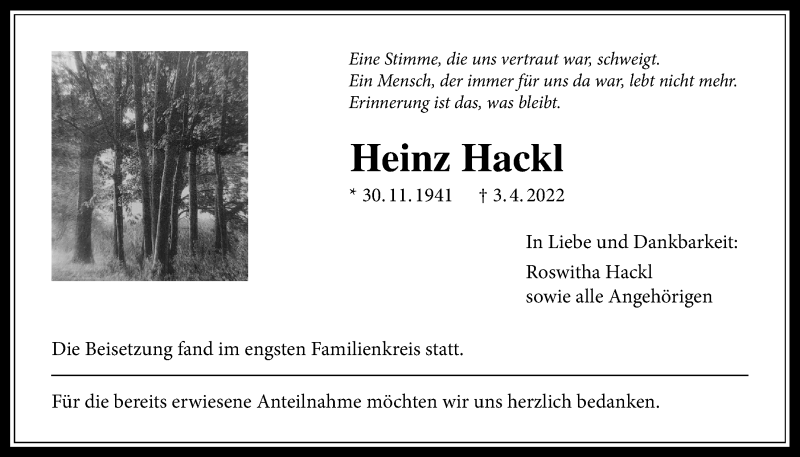  Traueranzeige für Heinz Hackl vom 28.04.2022 aus Licher Wochenblatt