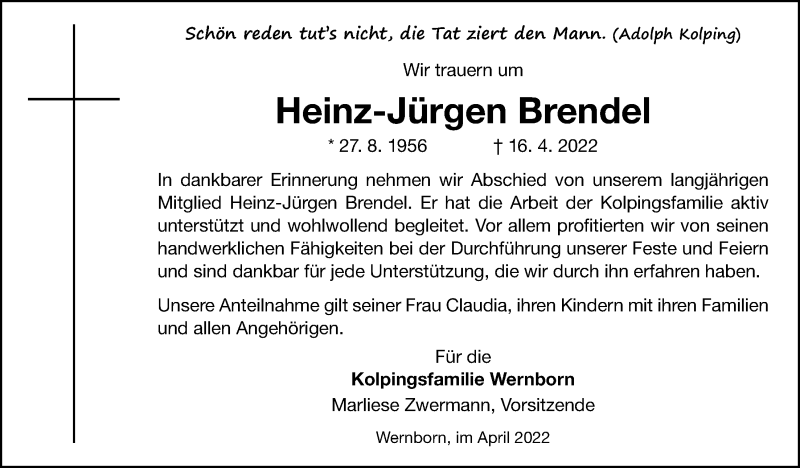  Traueranzeige für Heinz-Jürgen Brendel vom 23.04.2022 aus Usinger Anzeiger