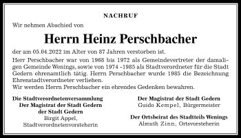 Traueranzeige von Heinz Perschbacher von Kreis-Anzeiger