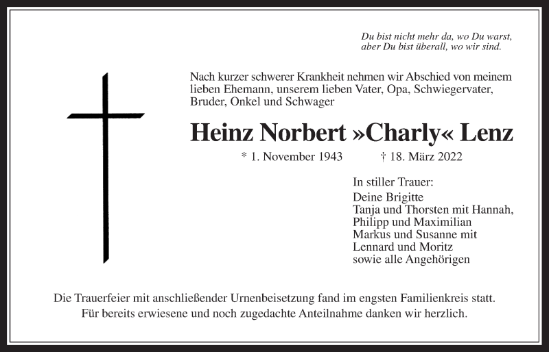  Traueranzeige für Heinz Norbert Lenz vom 02.04.2022 aus Wetterauer Zeitung