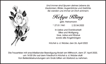 Traueranzeige von Helga Kling von Kreis-Anzeiger