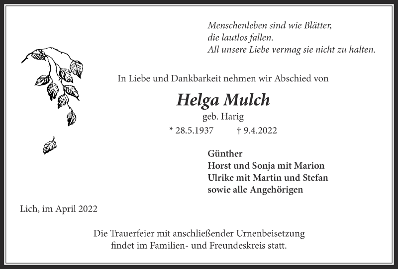  Traueranzeige für Helga Mulch vom 14.04.2022 aus Licher Wochenblatt