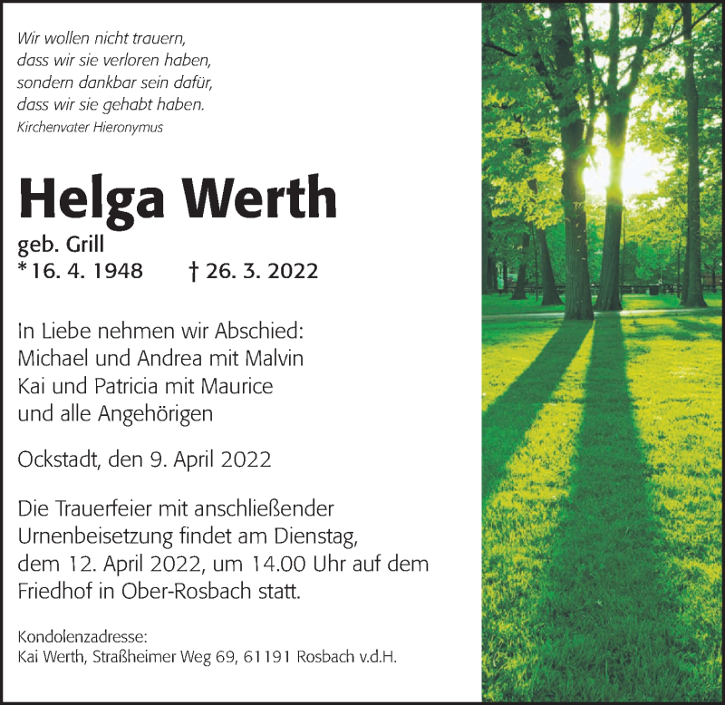  Traueranzeige für Helga Werth vom 09.04.2022 aus Wetterauer Zeitung