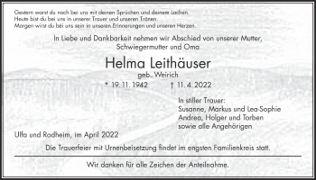 Traueranzeige von Helma Leithäuser von Kreis-Anzeiger
