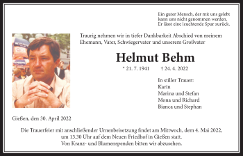 Traueranzeige von Helmut Behm von Giessener Anzeiger