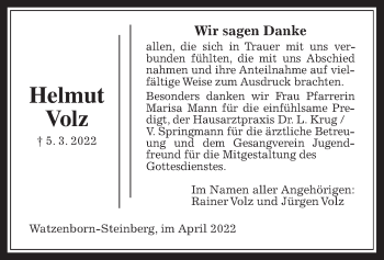 Traueranzeige von Helmut Volz von Pohlheimer Nachrichten