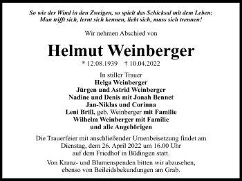 Traueranzeige von Helmut Weinberger von Kreis-Anzeiger