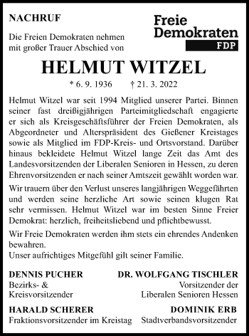 Traueranzeige von Helmut Witzel von Giessener Allgemeine, Alsfelder Allgemeine, Giessener Anzeiger