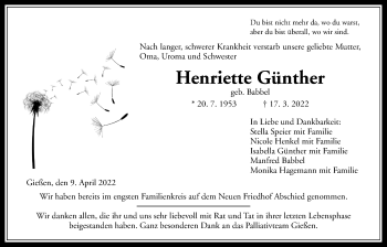 Traueranzeige von Henriette Günther von Giessener Allgemeine, Alsfelder Allgemeine