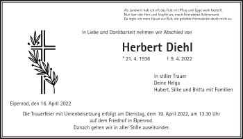 Traueranzeige von Herbert Diehl von Alsfelder Allgemeine