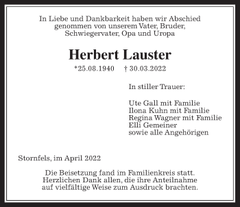 Traueranzeige von Herbert Lauster von Wetterauer Zeitung, Kreis-Anzeiger