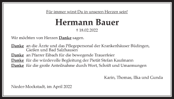 Traueranzeige von Hermann Bauer von Kreis-Anzeiger