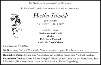 Traueranzeige von Hertha Schmidt von Kreis-Anzeiger