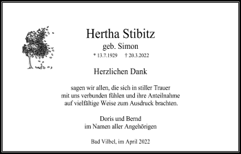 Traueranzeige von Hertha Stibitz von Bad Vilbel/Karben