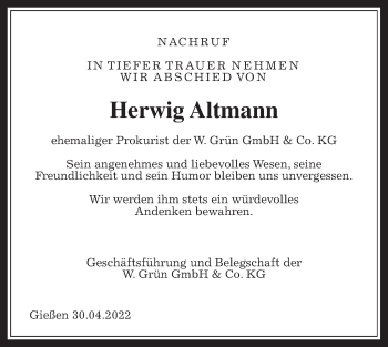Traueranzeige von Herwig Altmann von Wetterauer Zeitung, Giessener Allgemeine, Alsfelder Allgemeine