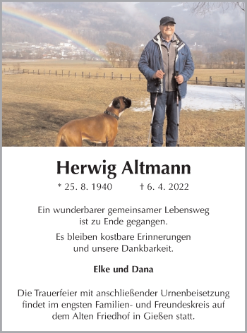 Traueranzeige von Herwig Altmann von Giessener Allgemeine, Alsfelder Allgemeine, Giessener Anzeiger